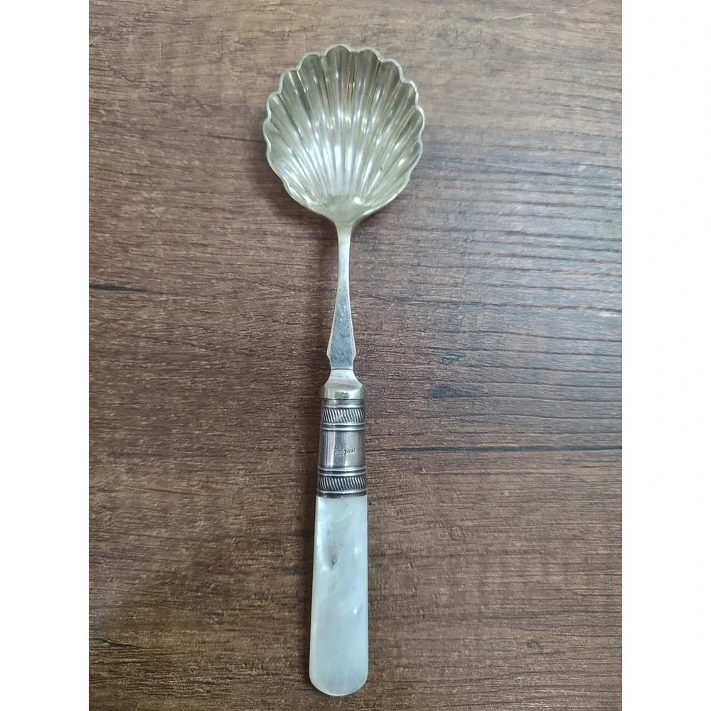 Antique EPNS Shell Serving Spoon Sterling Collar Mother of Pearl Handle Victoria
